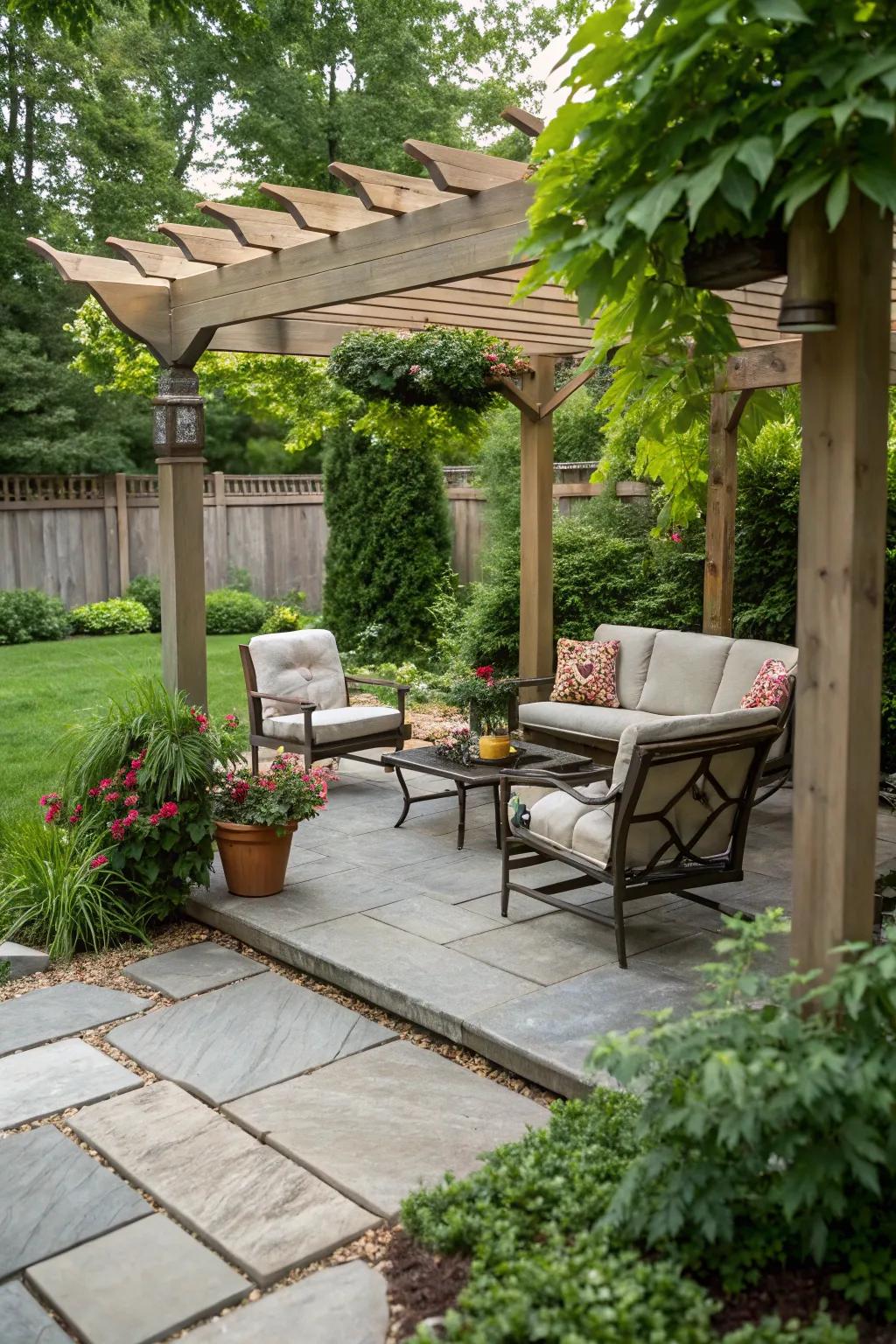 A charming pergola offering shade and style over a slab patio.