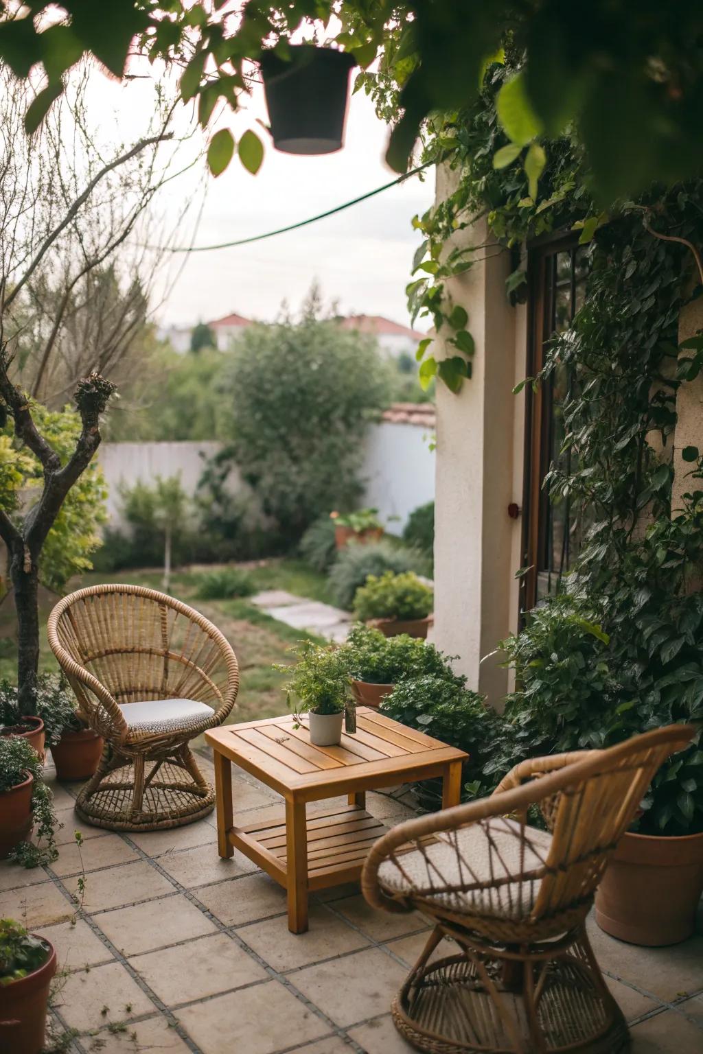 Add warmth to your patio with wooden and wicker accents.