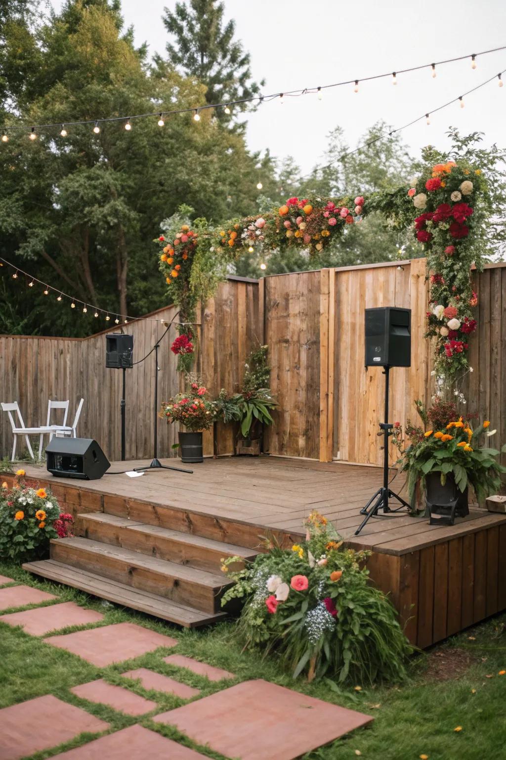 A wooden backdrop provides a versatile and rustic stage setting.