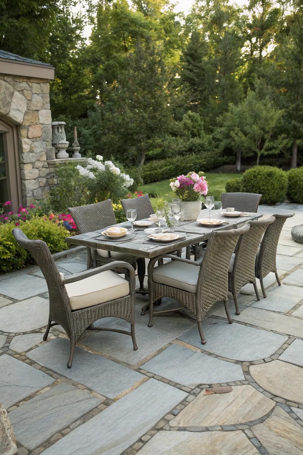 An elegant dining setup on a stone patio perfect for outdoor meals.