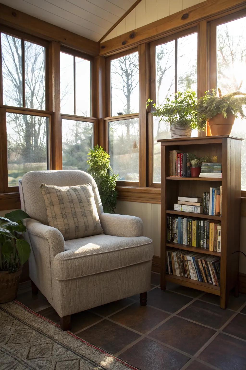 A cozy reading nook in a bright sunroom corner.