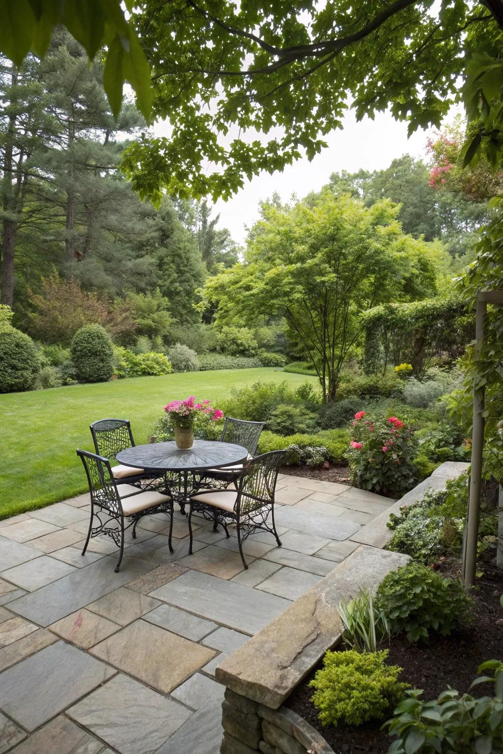 Stone patios add timeless elegance to any backyard setting.