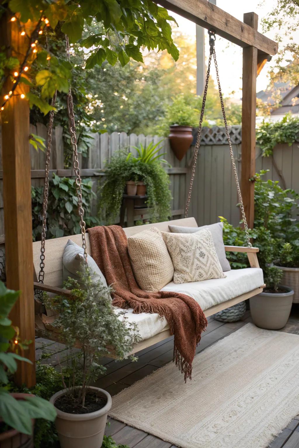 A cozy swing adorned with cushions, perfect for relaxation.
