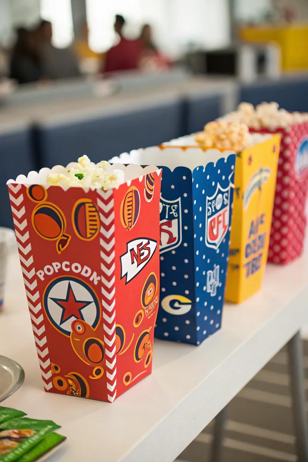 Football-themed popcorn bags add a fun touch to the snack table