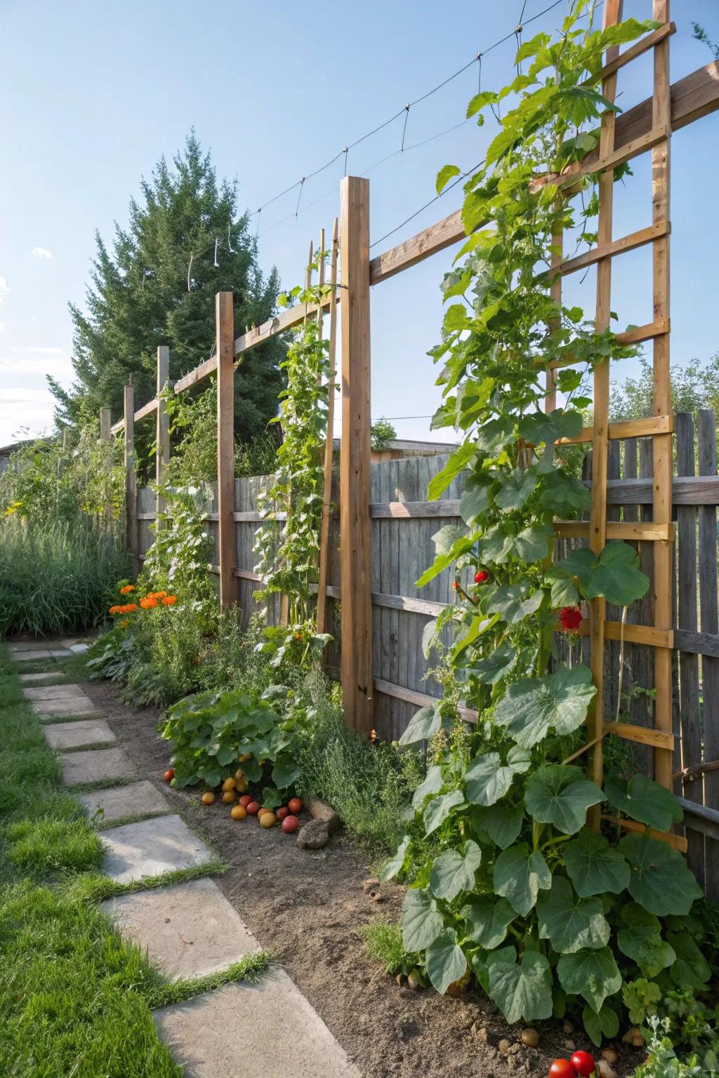 An innovative vertical garden using trellises to support climbing vegetables.