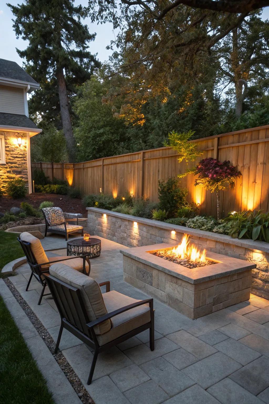 Gather around a charming fire pit wall.