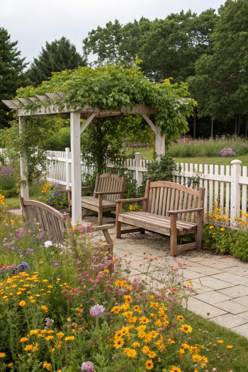 A serene seating spot nestled among the wildflowers.