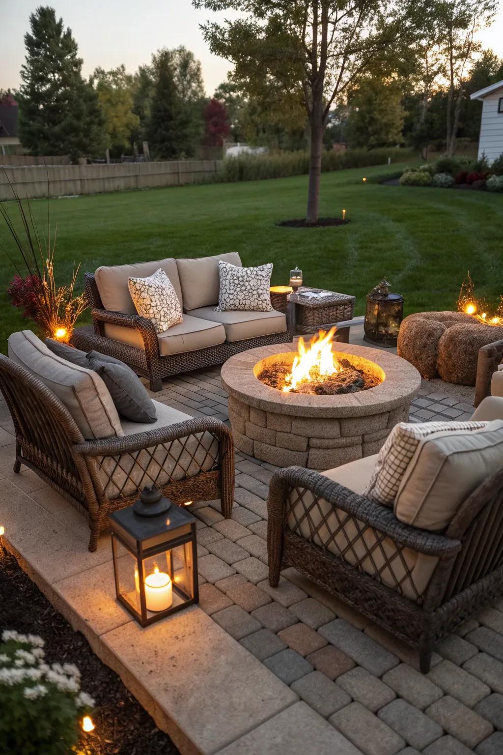 The warm glow of a fire pit invites cozy evenings under the stars.