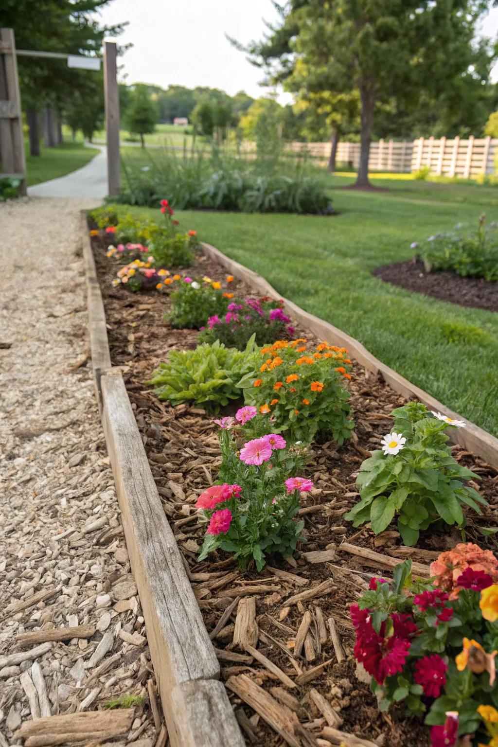 Healthy garden beds enhanced with a layer of wood chip mulch.