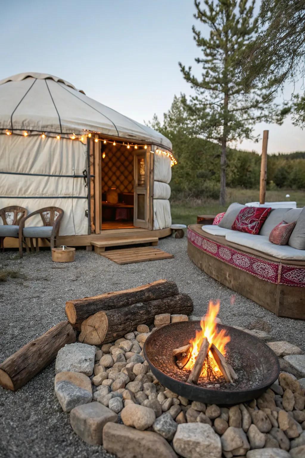 A cozy fireside lounge area next to a yurt.