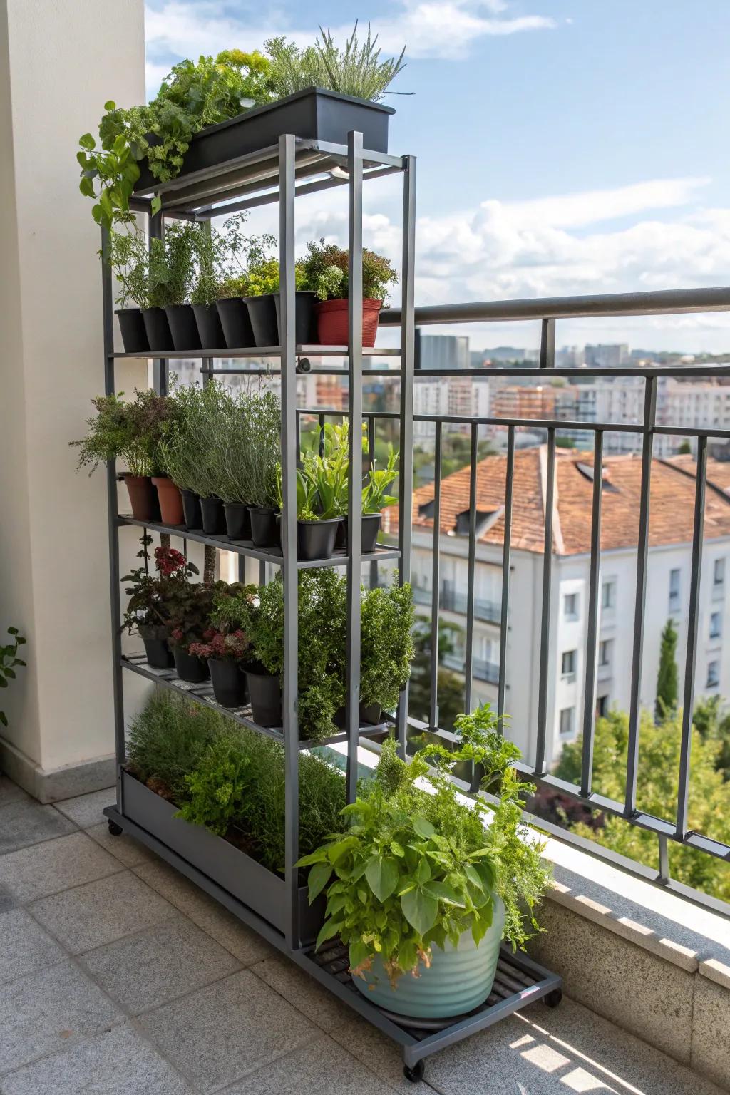 A sleek metal rack offers a modern vertical gardening solution.