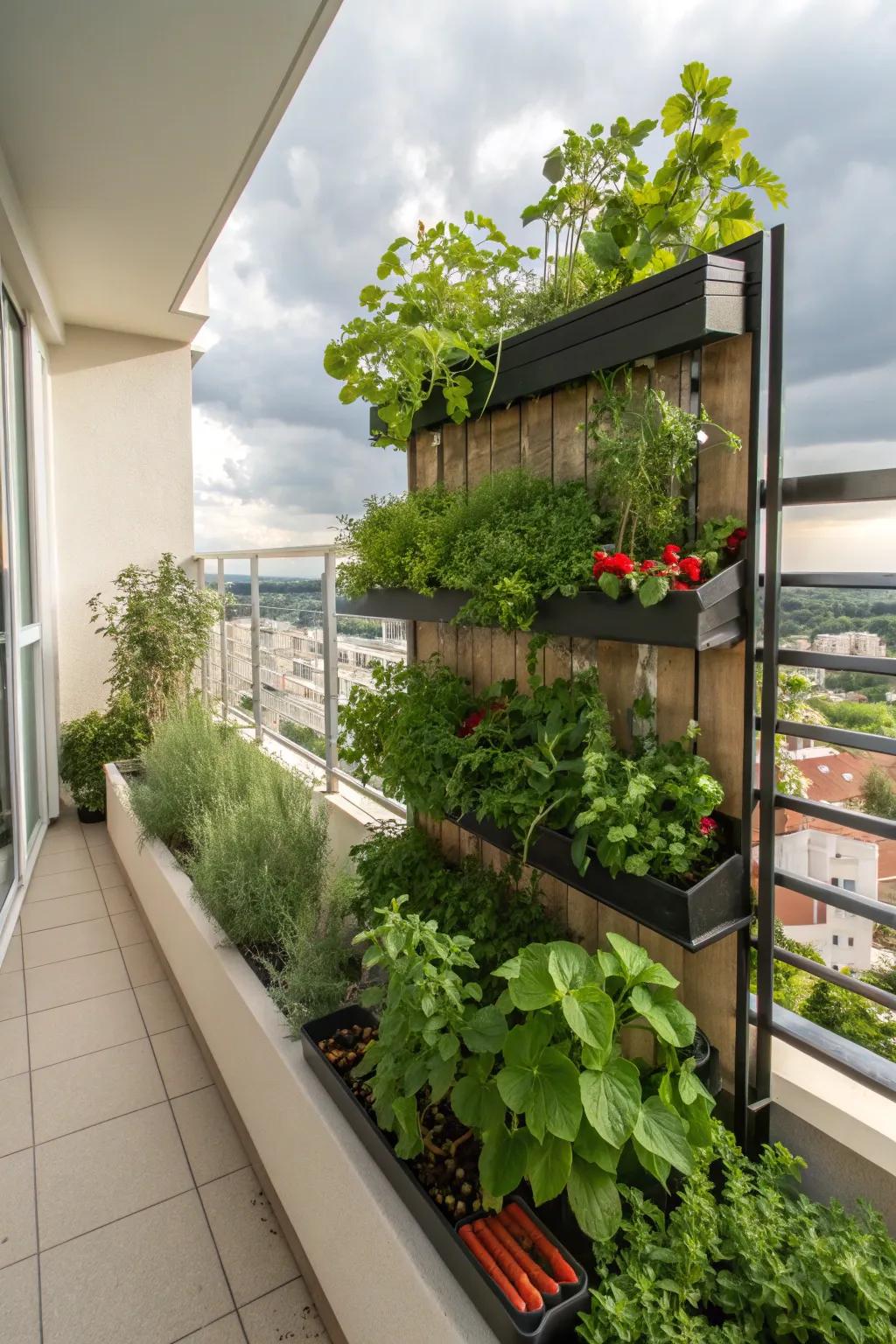 Vertical garden boxes transform walls into green canvases.