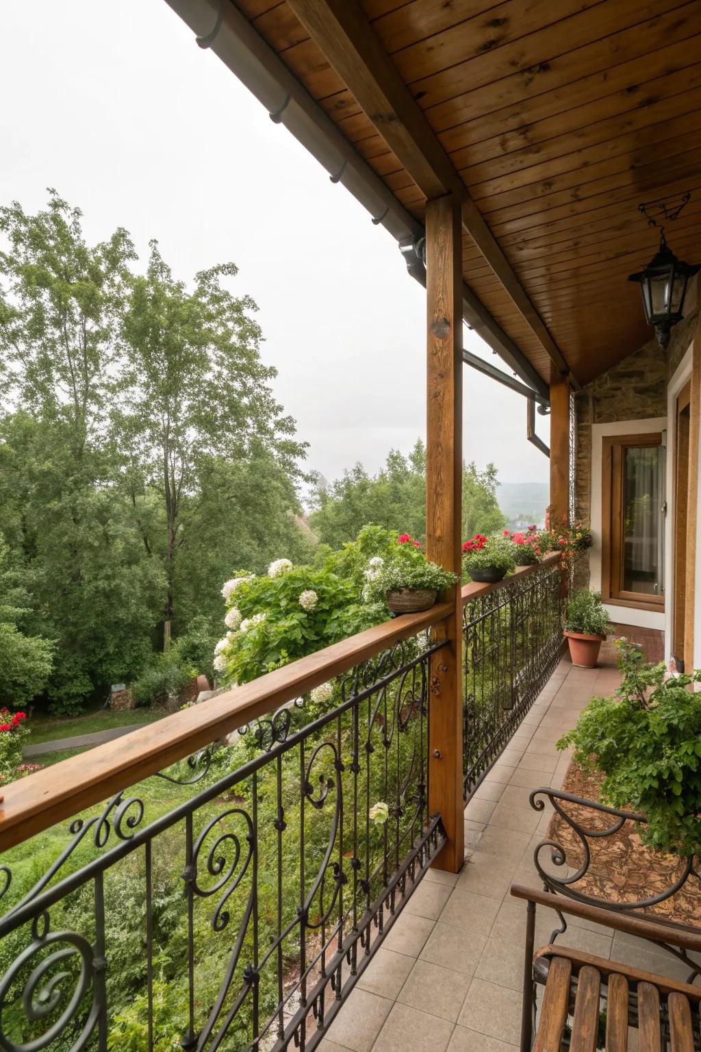 Rustic charm and natural beauty with wooden balcony railings.