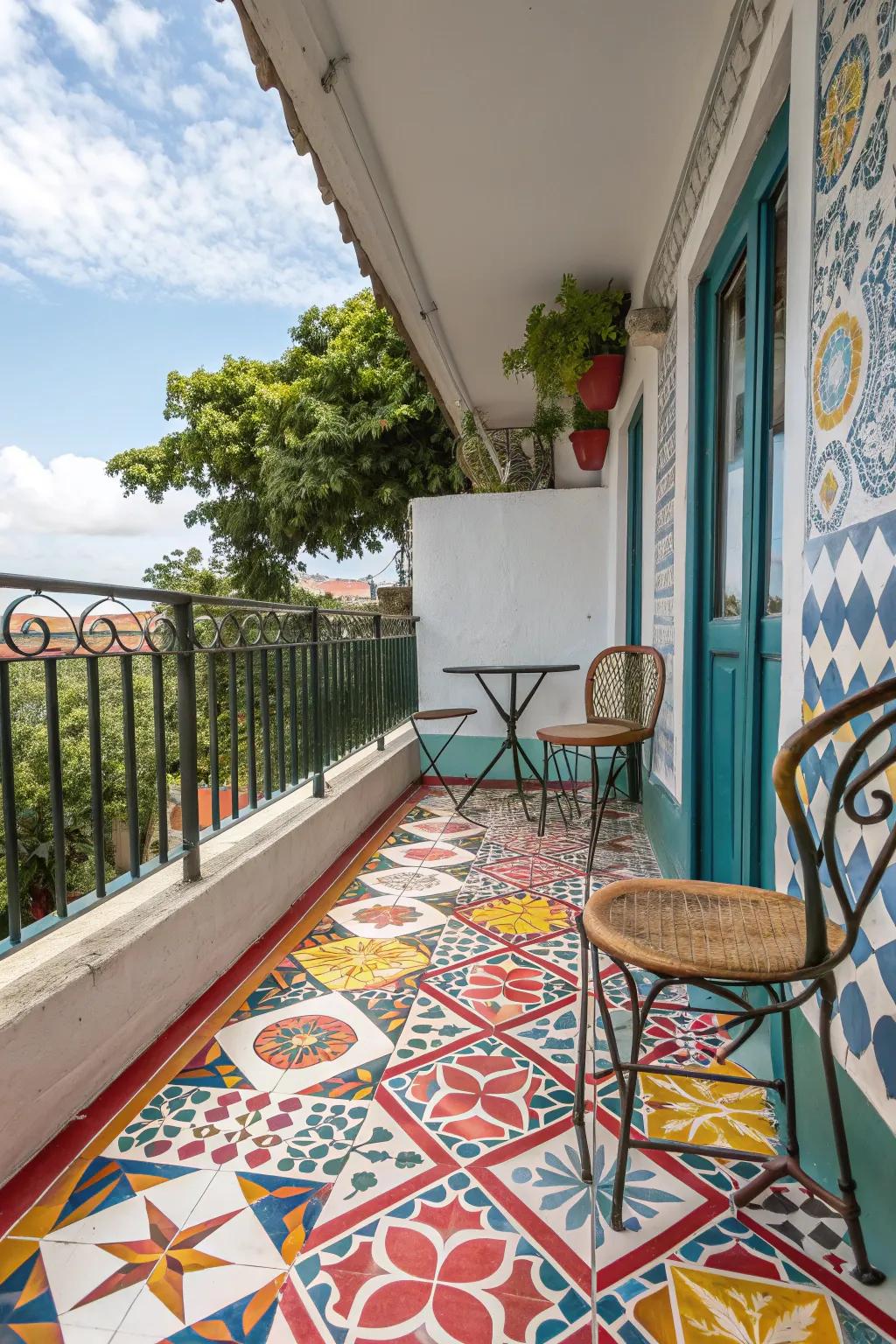 Vibrant patterned tiles can turn your balcony into a lively focal point.