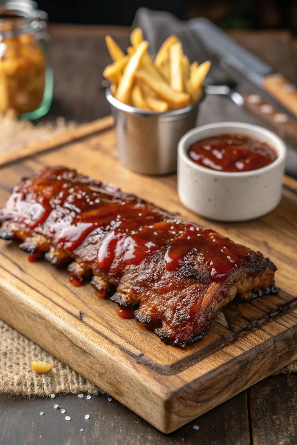 Juicy BBQ ribs with a glossy, sticky sauce, served on a rustic board.