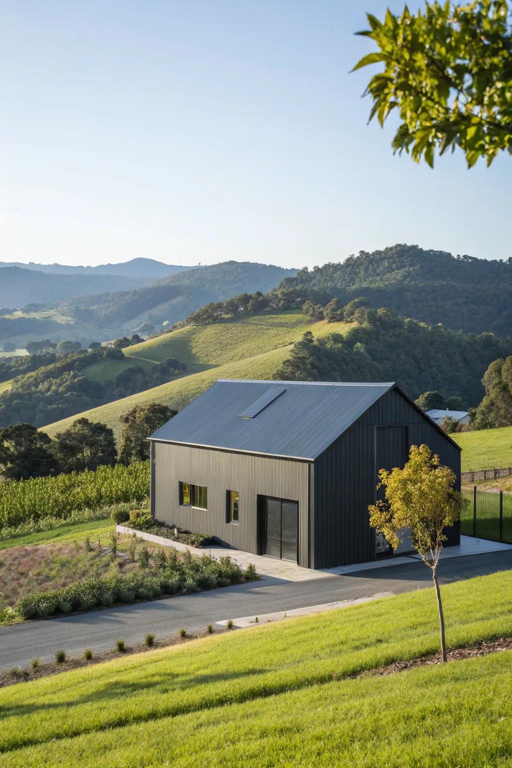 A modern charcoal gray barn with minimalist charm.