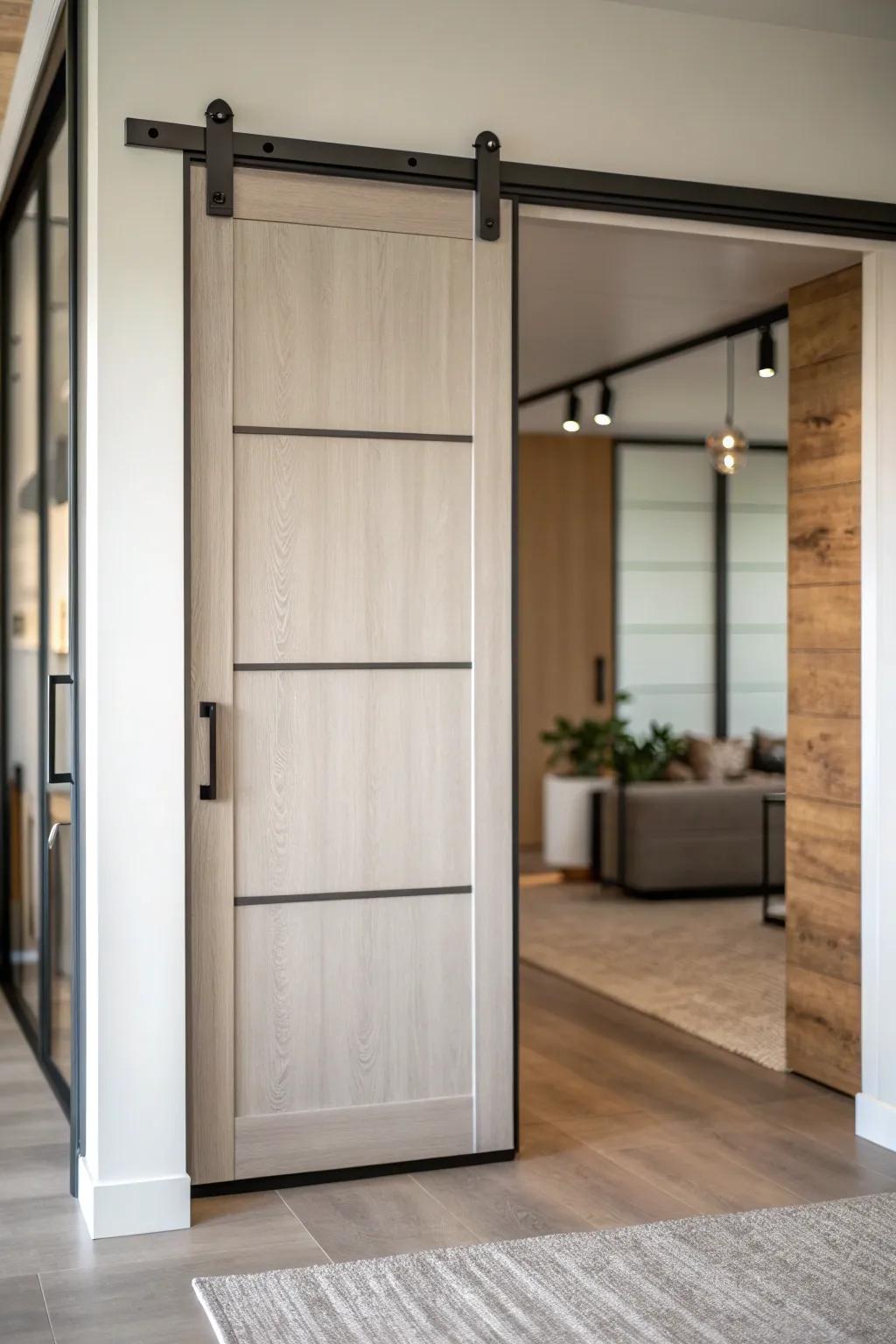 A modern minimalist barn door blends seamlessly with contemporary home styles.