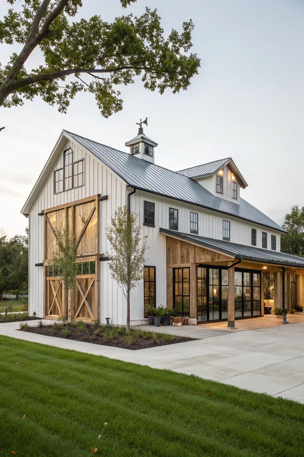A barn with a modern farmhouse design that combines elegance with simplicity.