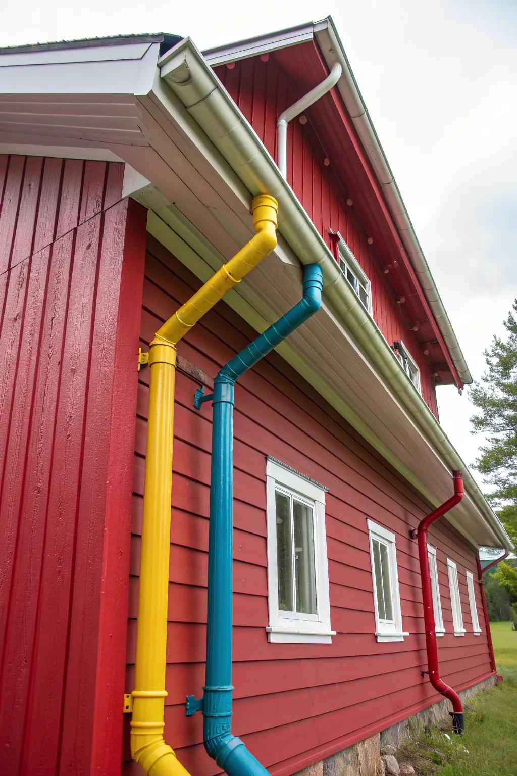 Vibrantly painted gutters add character to this barn.