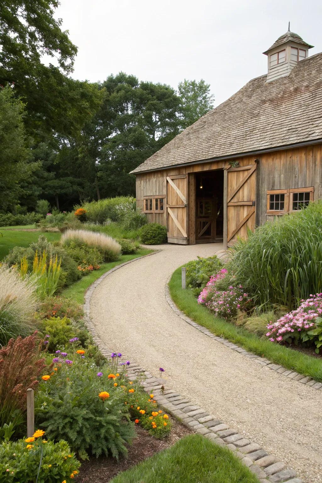 Curved pathways add elegance and guide visitors to the barn.