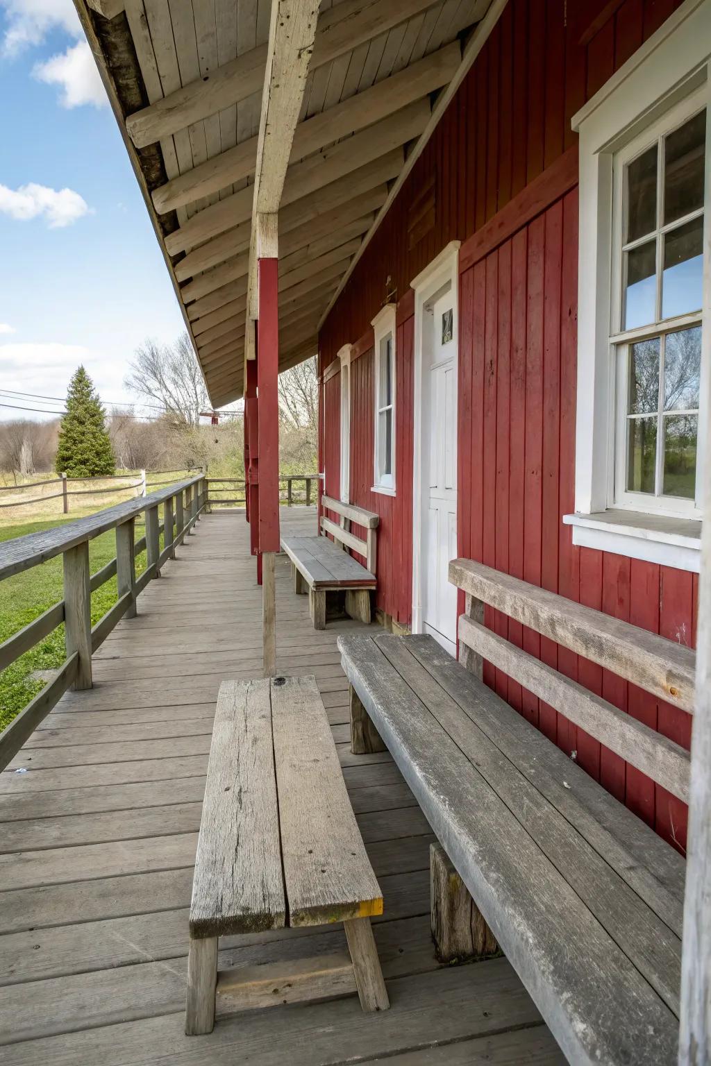 Rustic wooden benches adding charm and functionality to a barn porch setting.