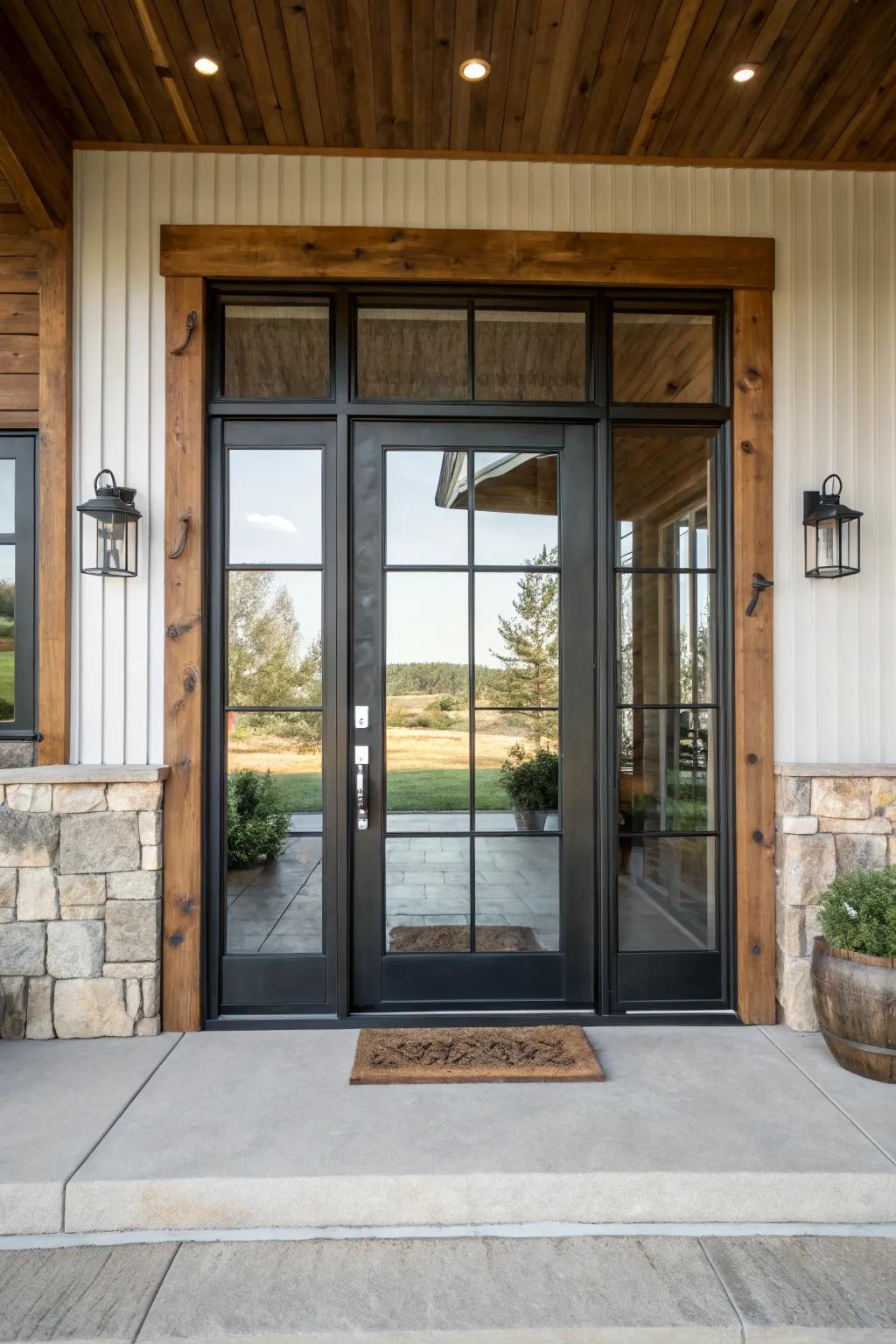 Front door with glass panels enhancing natural light.