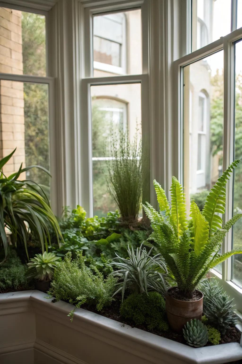 Layered plants add depth and intrigue to bay window landscaping.