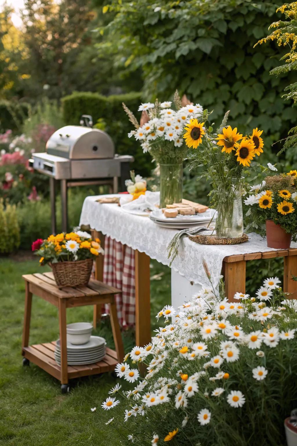 Fresh floral arrangements bring a touch of nature to your BBQ setup.