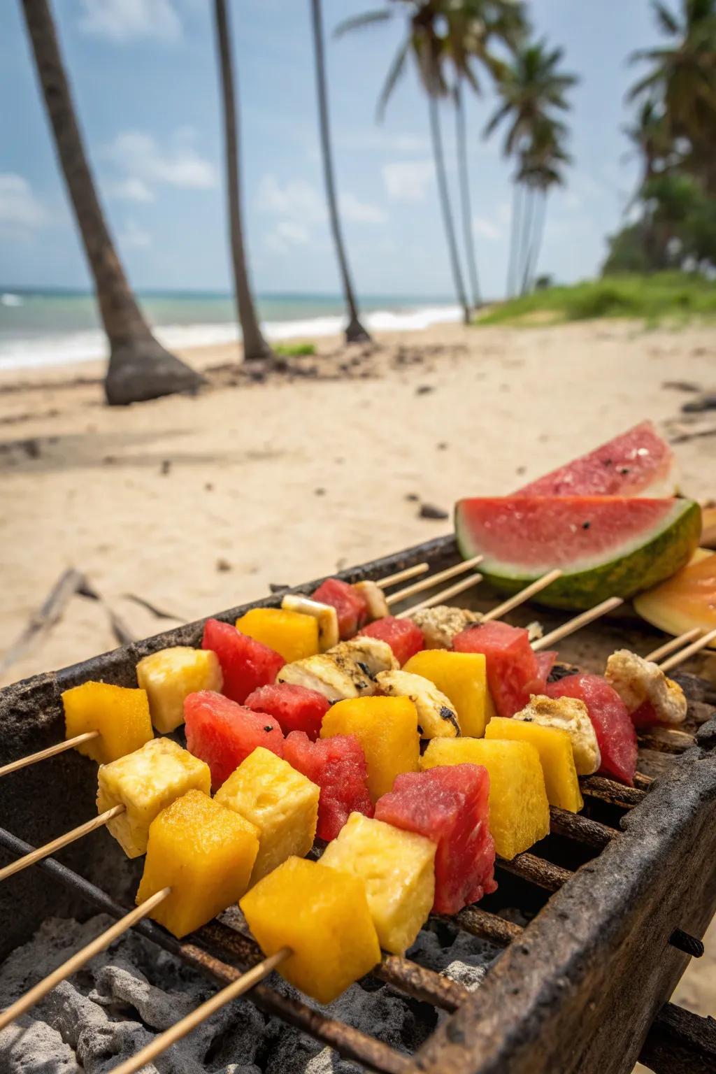 Sweet and juicy tropical fruit kabobs for a refreshing snack.
