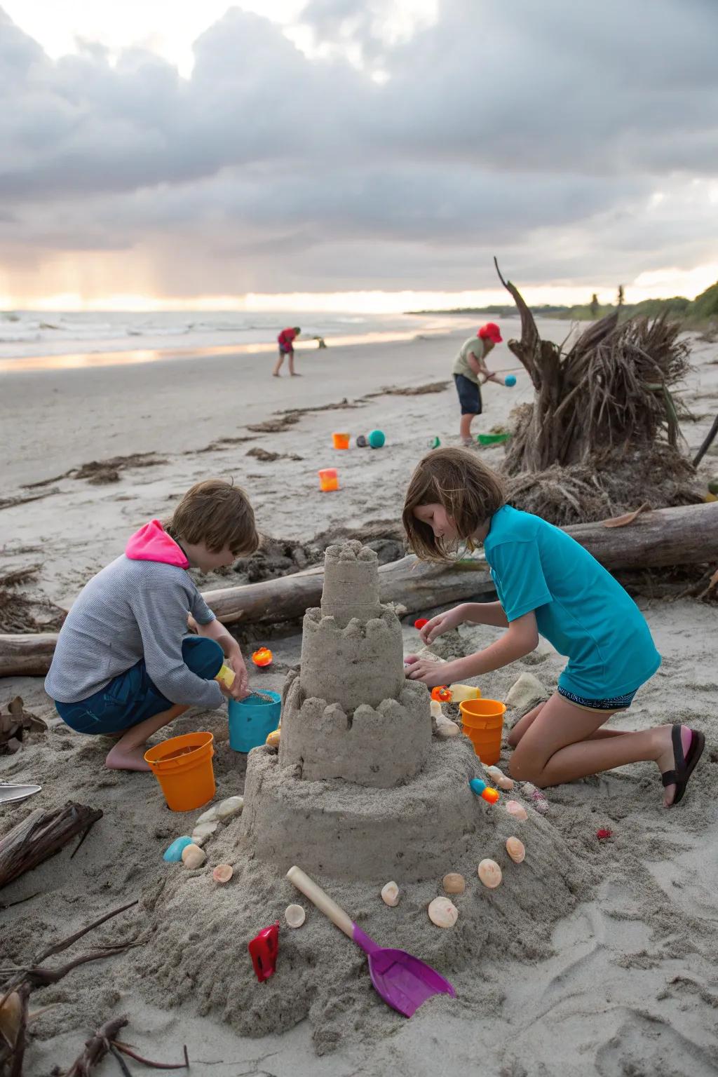 Young architects crafting their dream sandcastles.