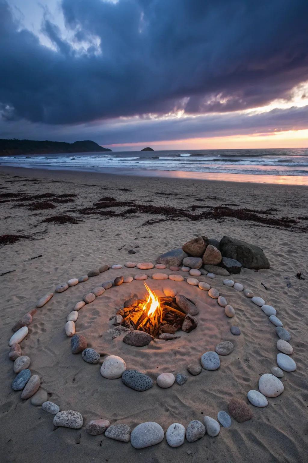 A sand fire circle for a rustic beach bonfire experience.