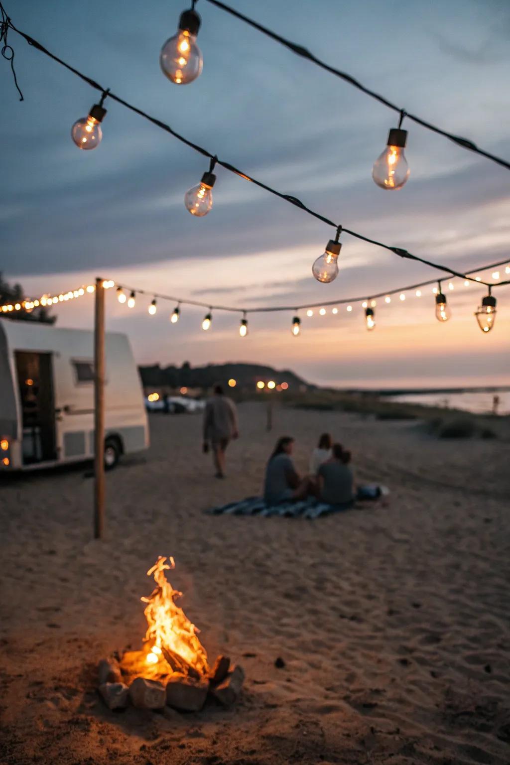 String lights add a touch of magic to any beach bonfire.