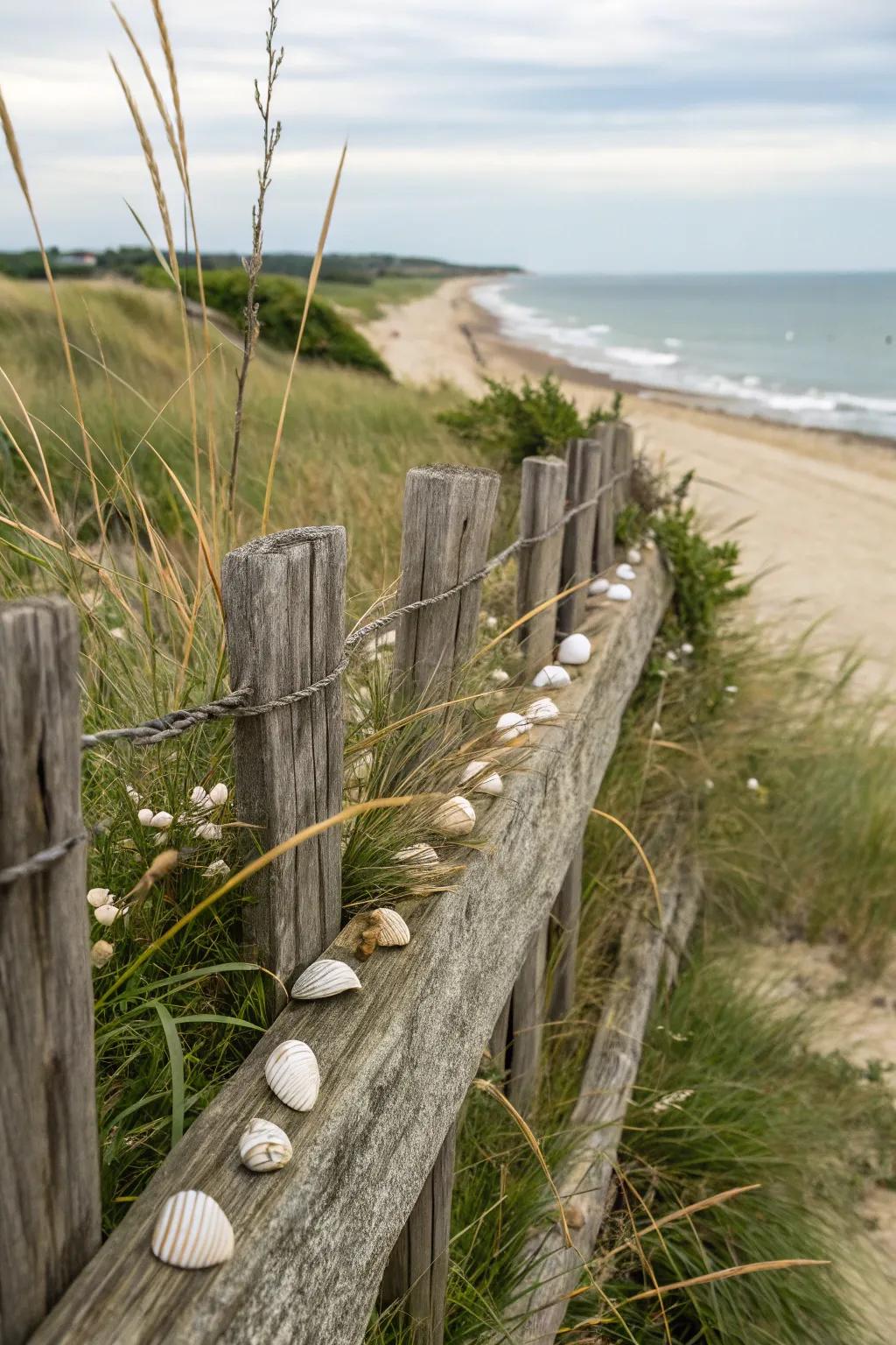 Capture the essence of the sea with a rustic driftwood fence.