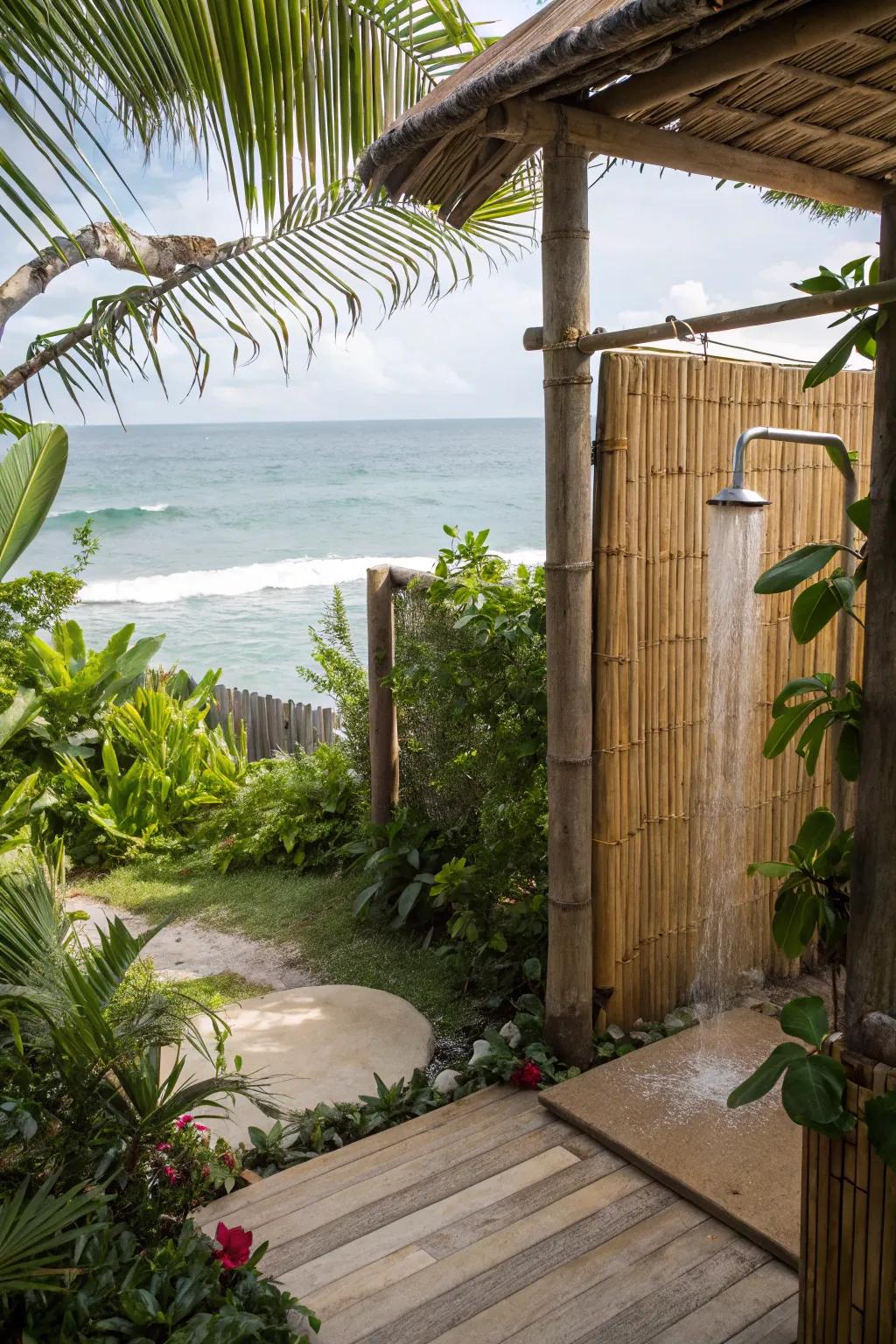 Bamboo screens elegantly provide privacy for this outdoor shower.