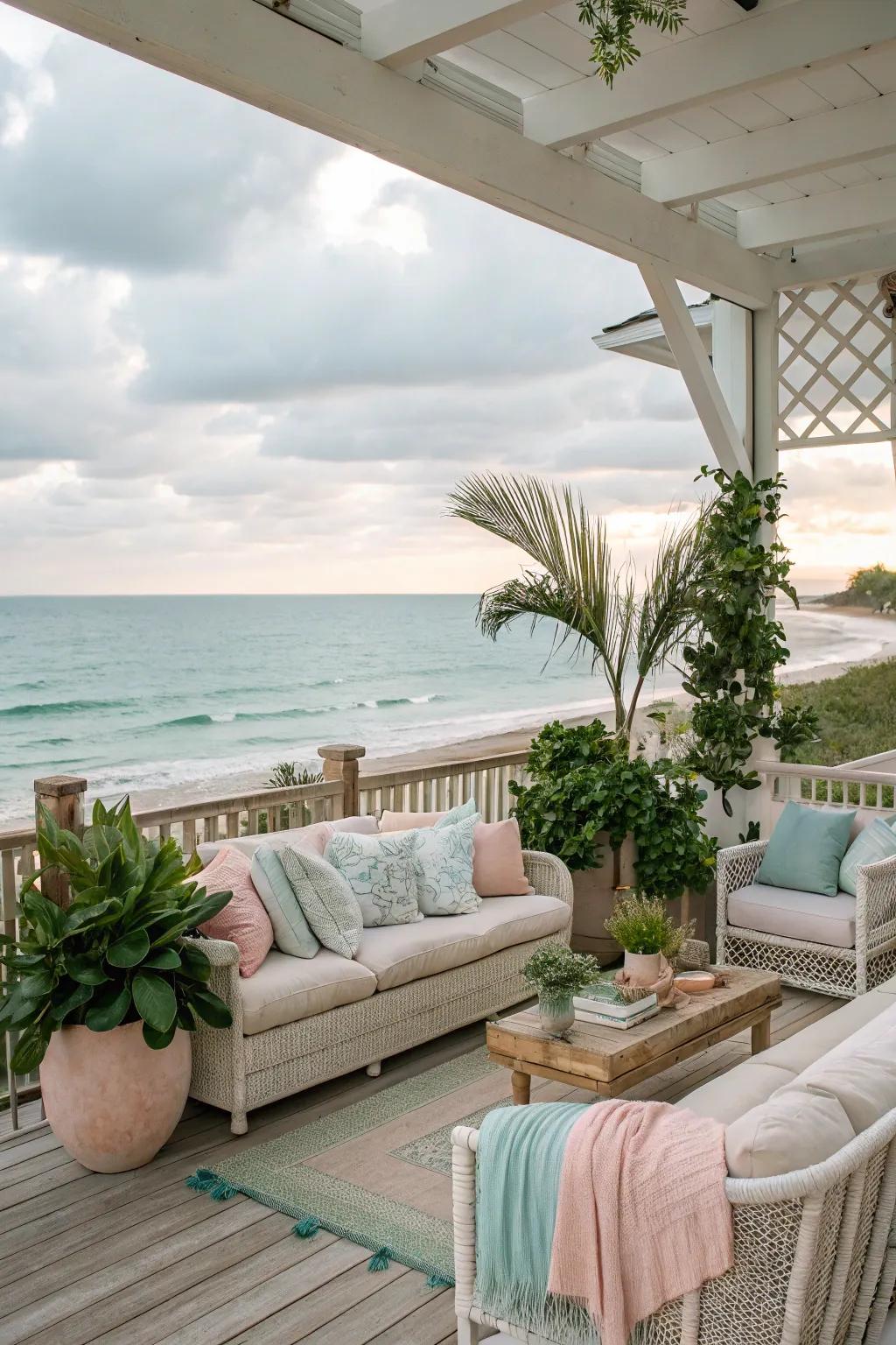 A beach house patio adorned with a soothing pastel and neutral color scheme.
