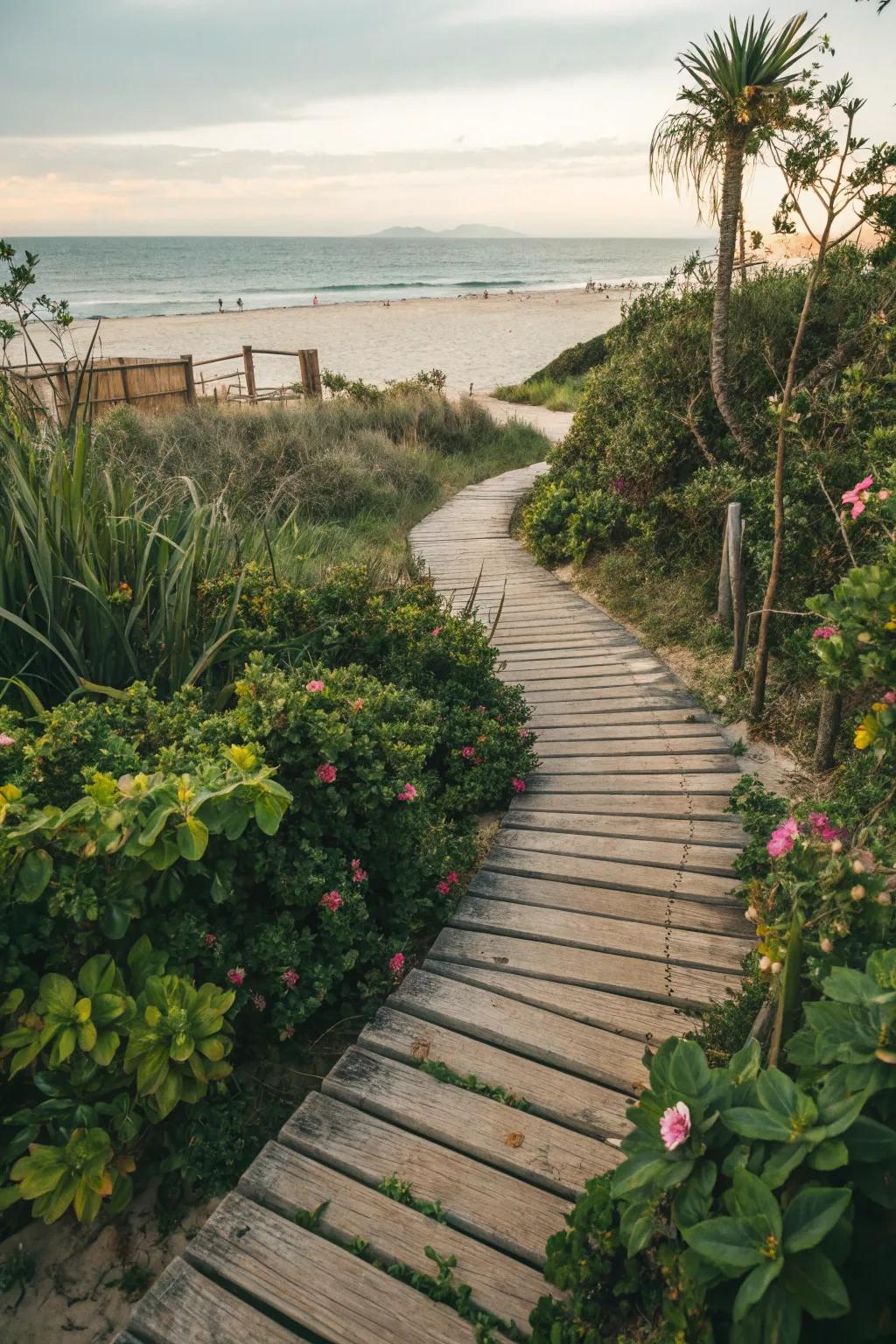 A wooden pathway adds charm and functionality to your coastal garden.