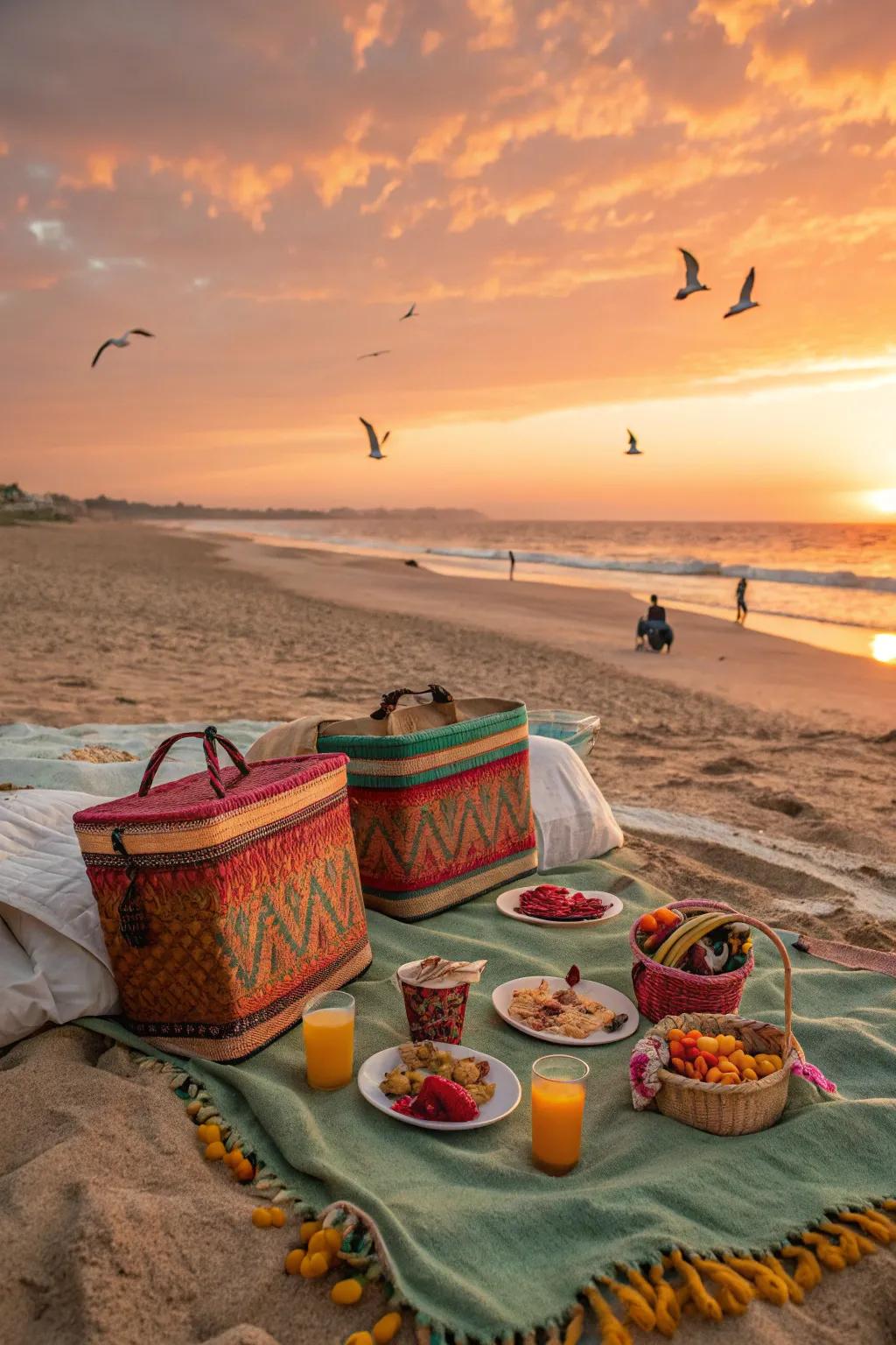 A stunning sunset view complements this cozy beach picnic setup.