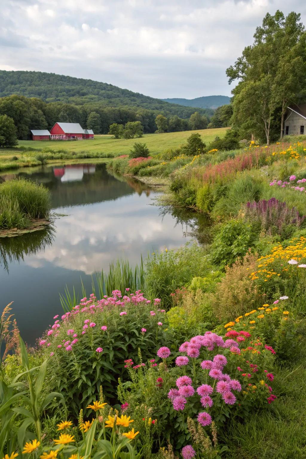 A lush, vibrant pond setting with greenery and flowers enhancing its beauty.