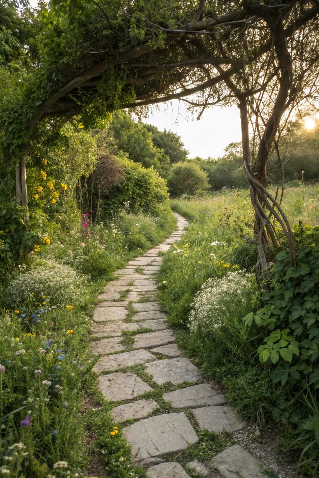 A rustic stone pathway invites exploration in a wild garden
