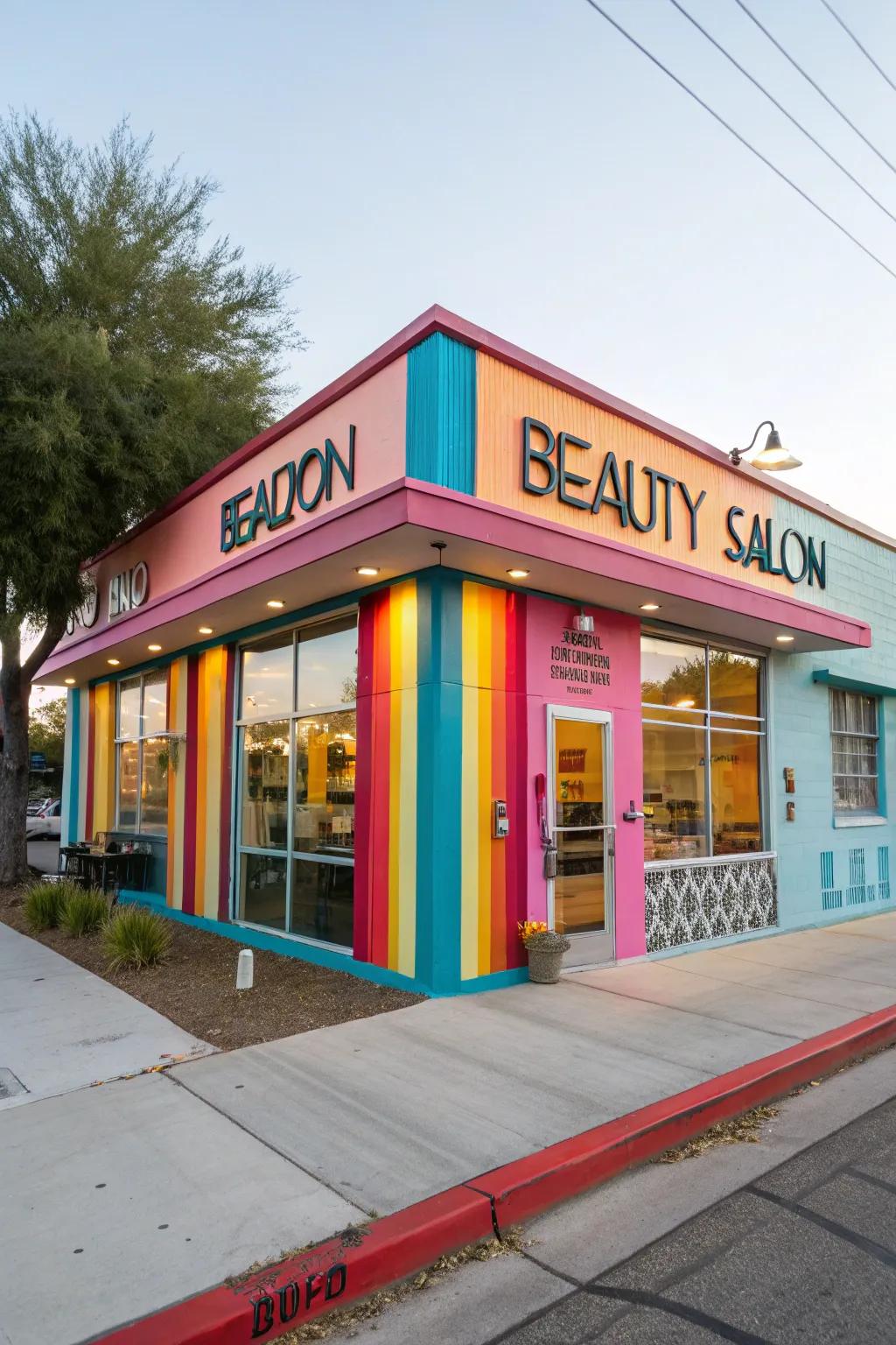 A beauty salon featuring a vibrant and eye-catching colorful facade.