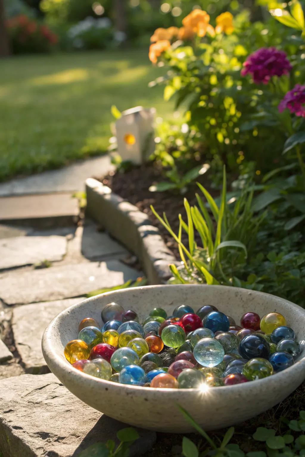 A vibrant bee bath with colorful marbles that attract curious bees.