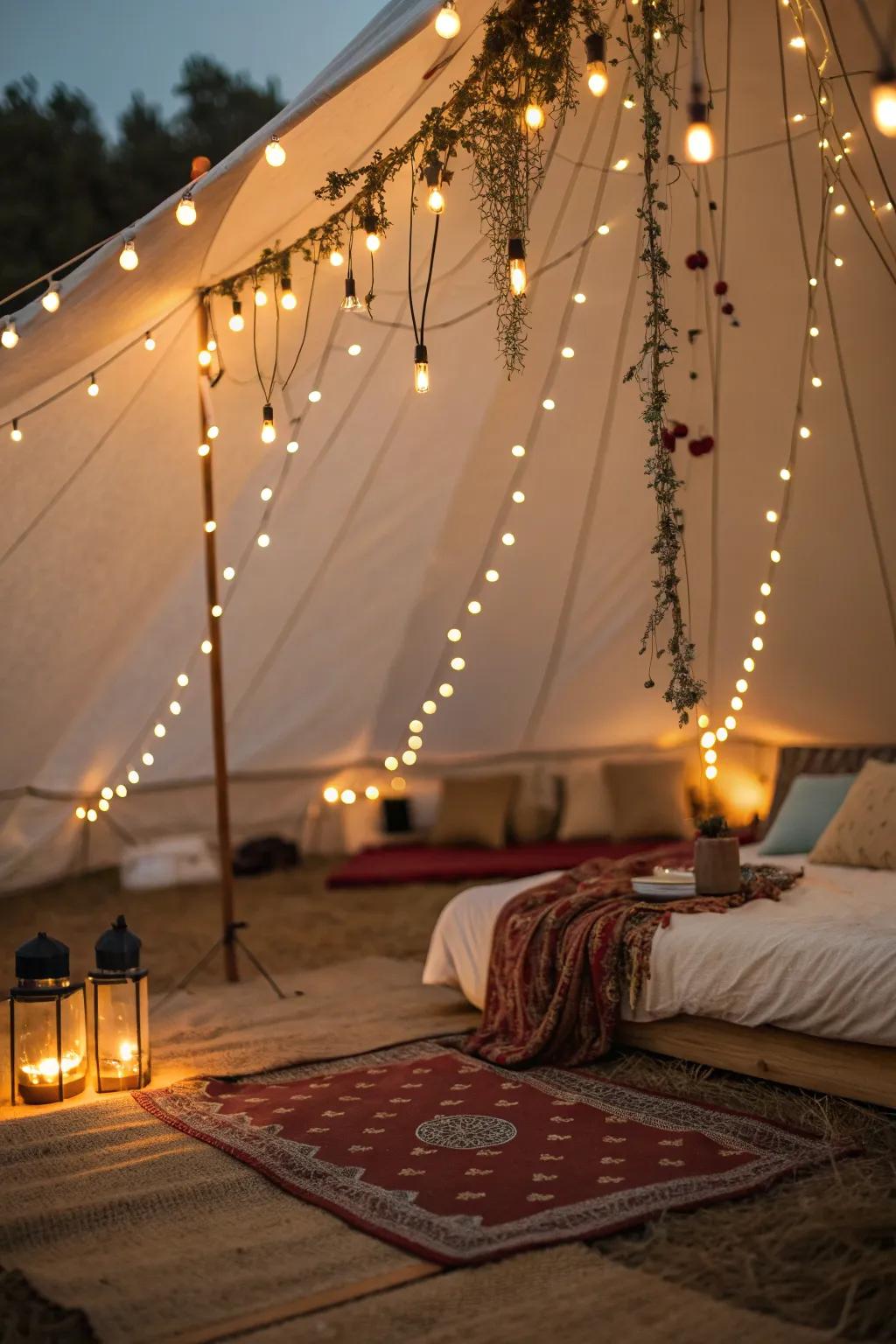 String lights add a whimsical touch to any bell tent.