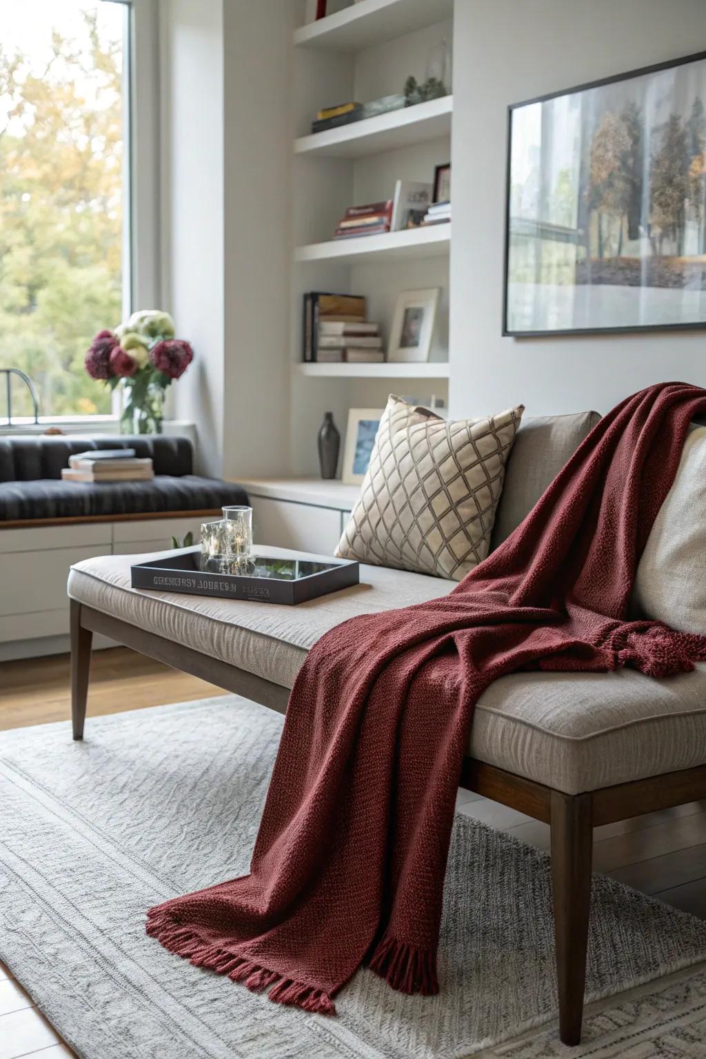 A cozy throw blanket draped over a bench for a snug feel.