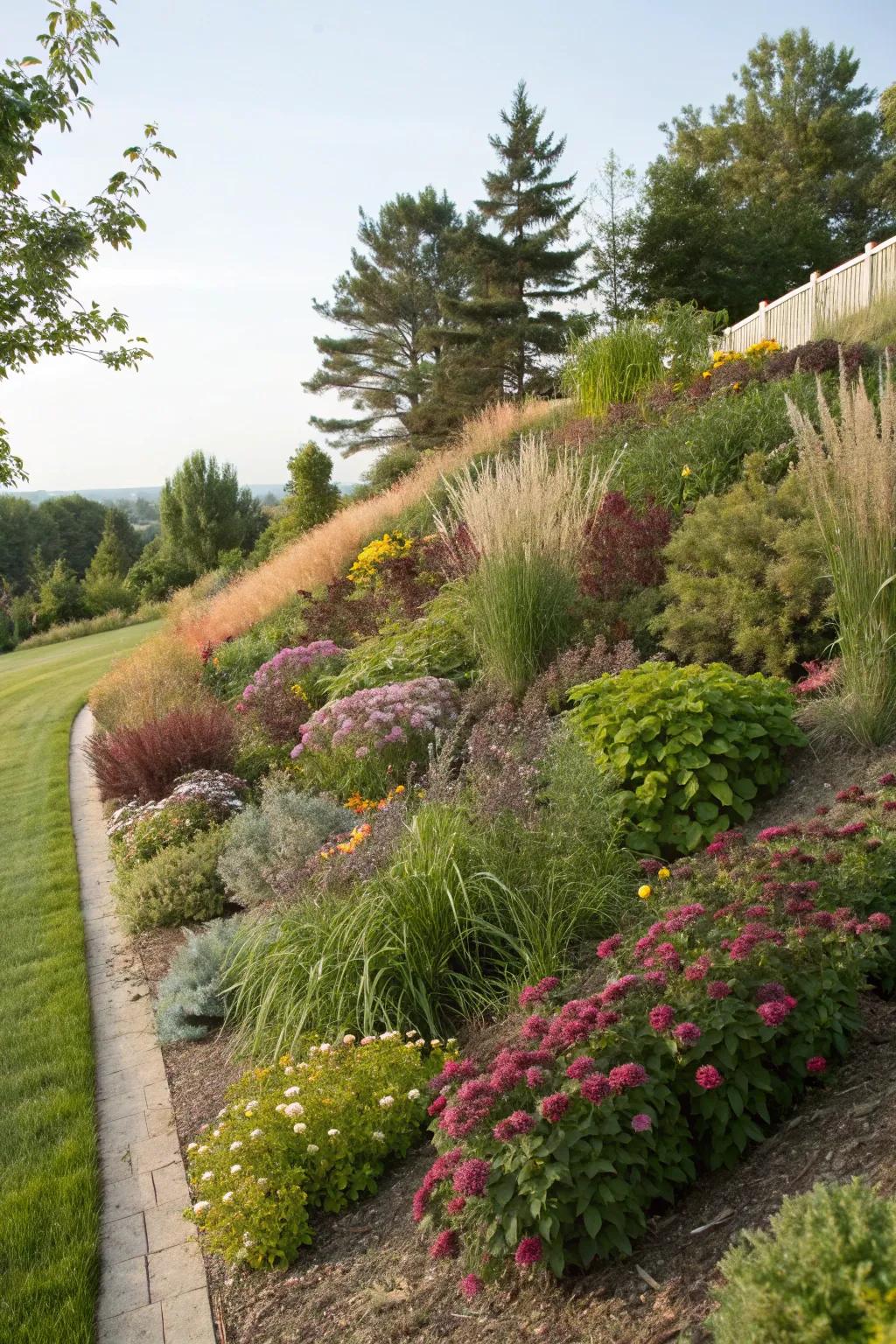 Layered planting on a garden berm, providing depth and texture.