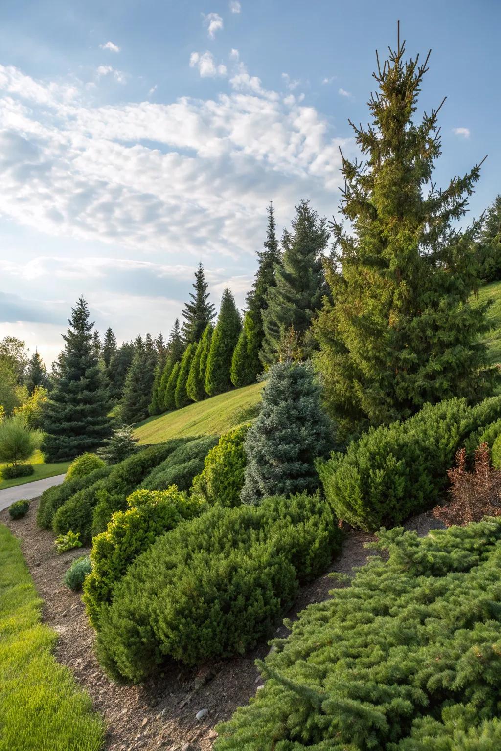 Evergreens add structure and color to this berm, ensuring year-round appeal.