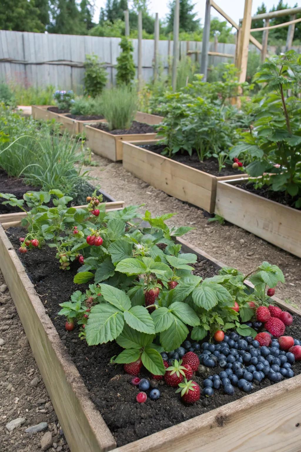 Efficiently organized raised beds filled with thriving berry plants.