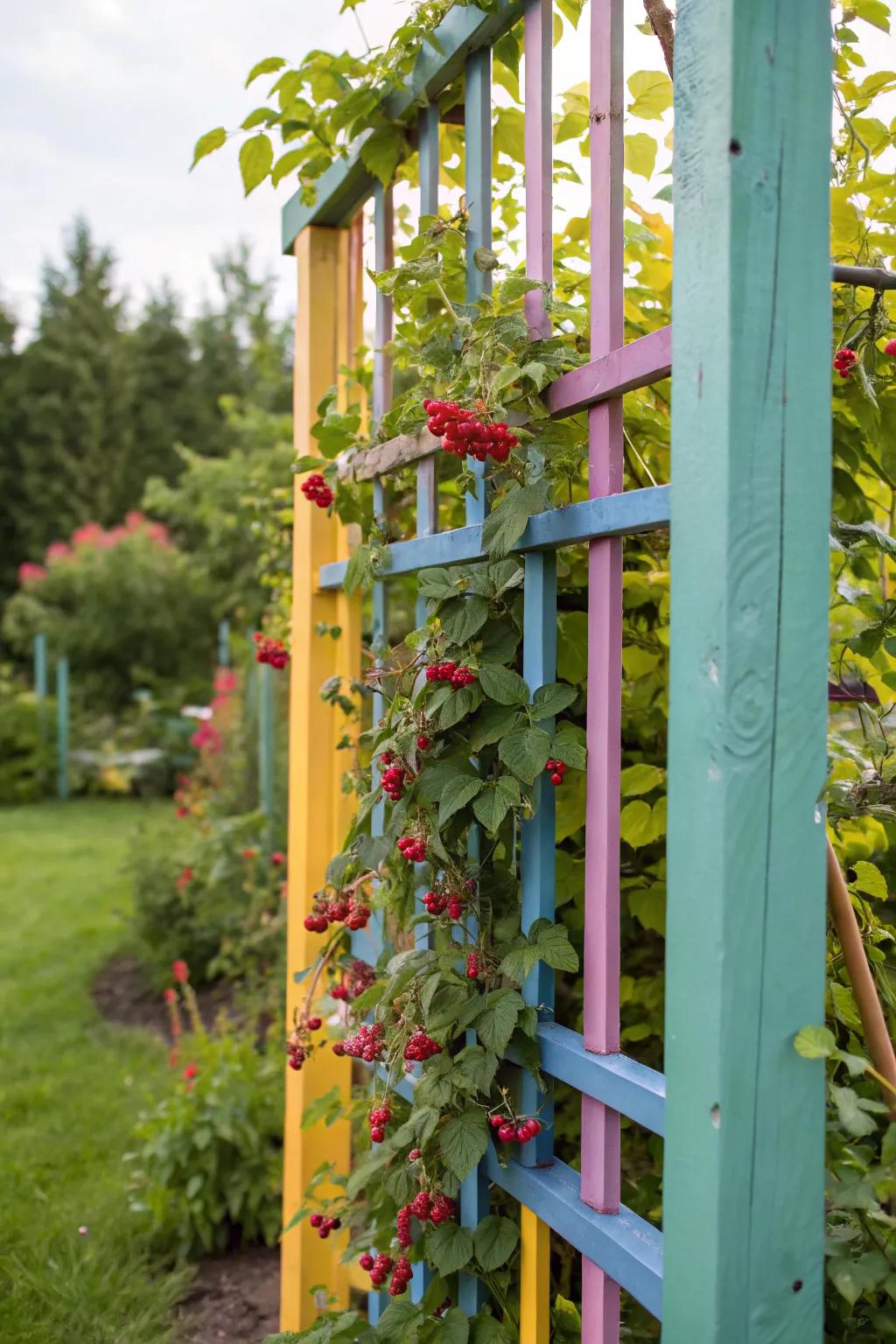 A vibrant painted trellis enhances the garden's visual appeal and supports berry growth.