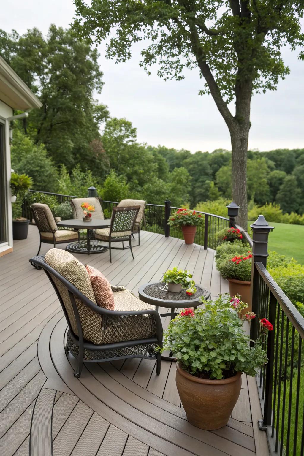 An elegantly curved deck that enhances visual appeal and style.