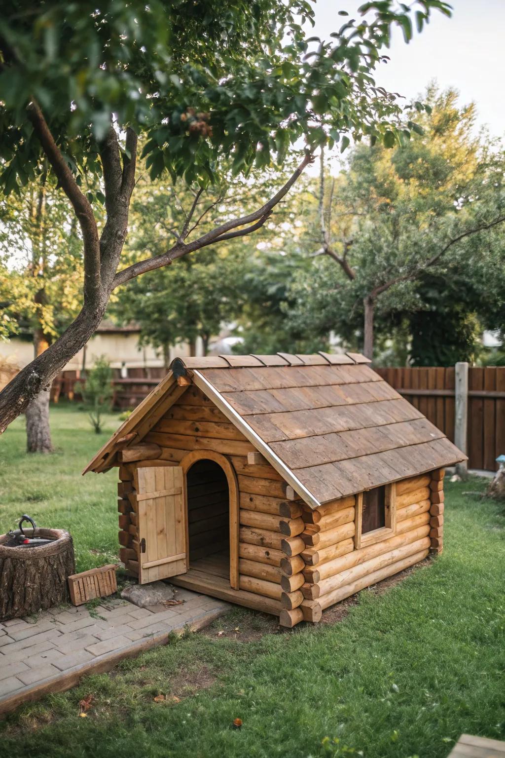 A charming rustic log cabin style dog house nestled in nature.