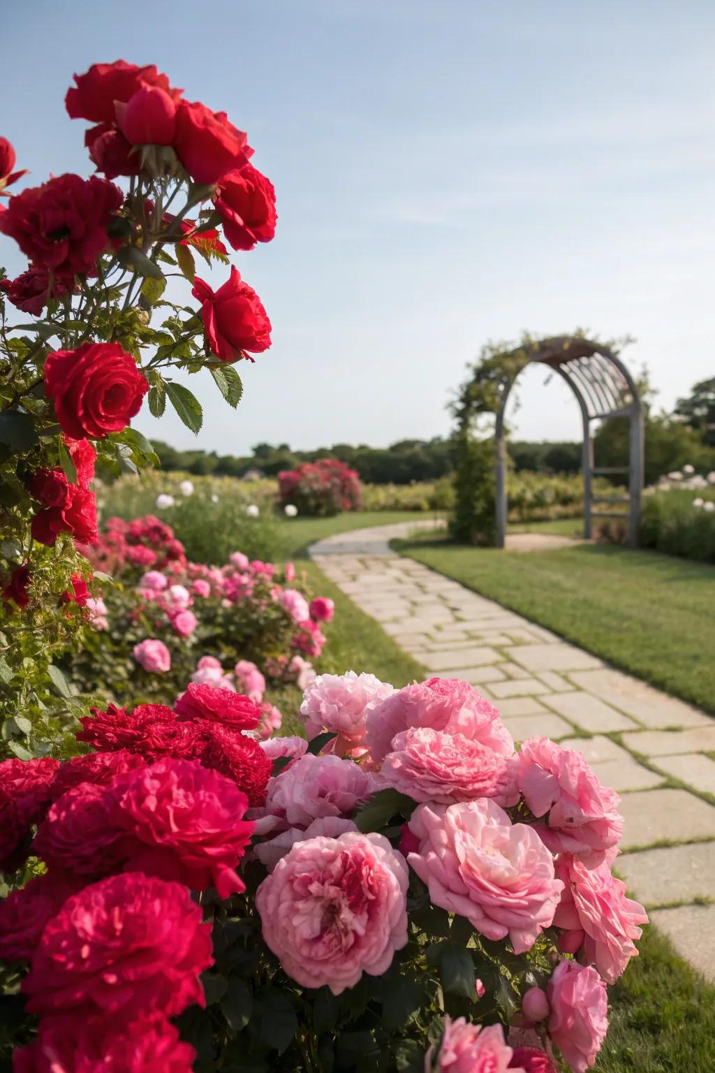 Romantic and vibrant with bold reds and soft pinks.